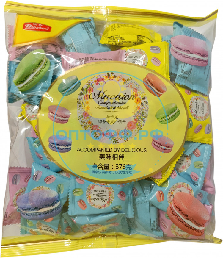 КИТАЙ Сэндвич-печенье со вкусом макарун (macaion sandwich biscuit) 376гр (кор*12)